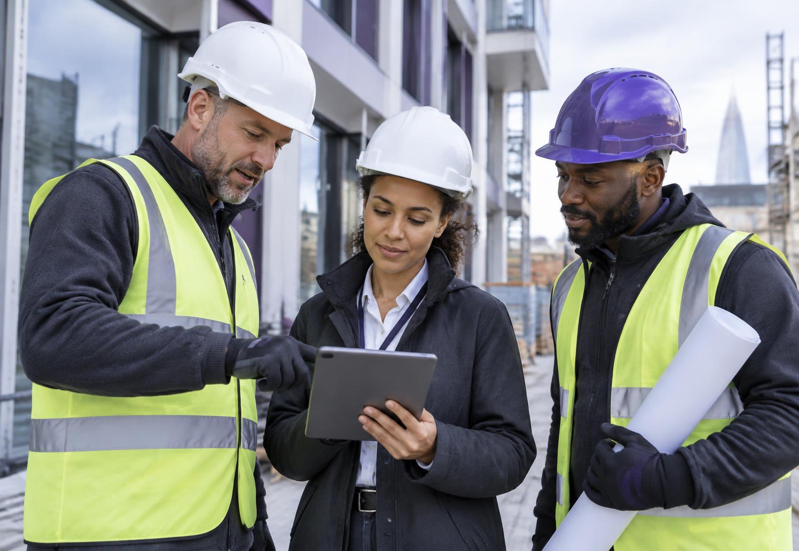 Contractors and a manager reviewing site requirements